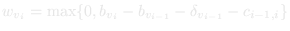w_k = max{0, a_k − arrival_k}